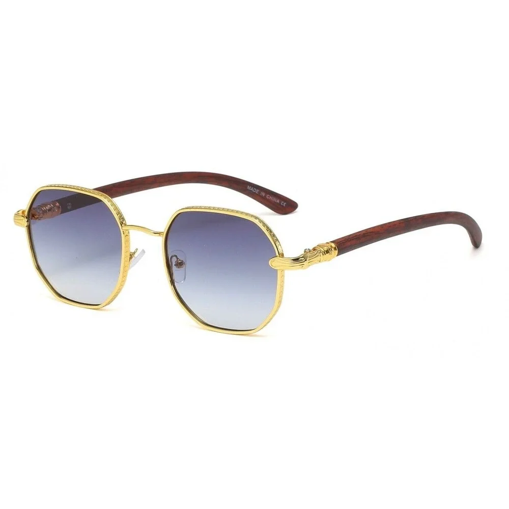 Men Sunglasses Fashion Designer Gold‎ Frame Woody Arms Octagon Black Lens Lentes